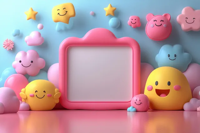 3D blank photo frame surrounded by smiling emoji faces and chat bubbles pop art