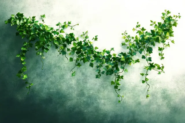 Green leafy vines drape down a textured light green and white wall with soft misty tones behind.