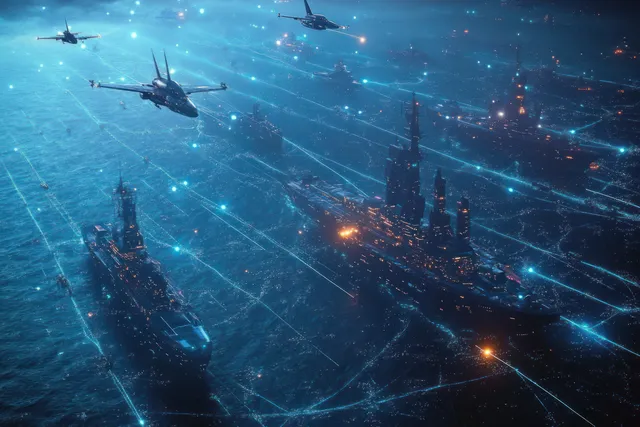 Futuristic battleships sail through a glowing ocean at night as fighter jets fly overhead with blue digital light trails.