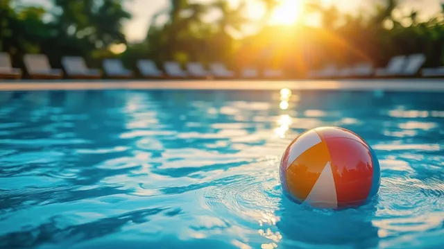 A colorful beach ball floats in clear pool water under bright sunlight with shimmering reflections.