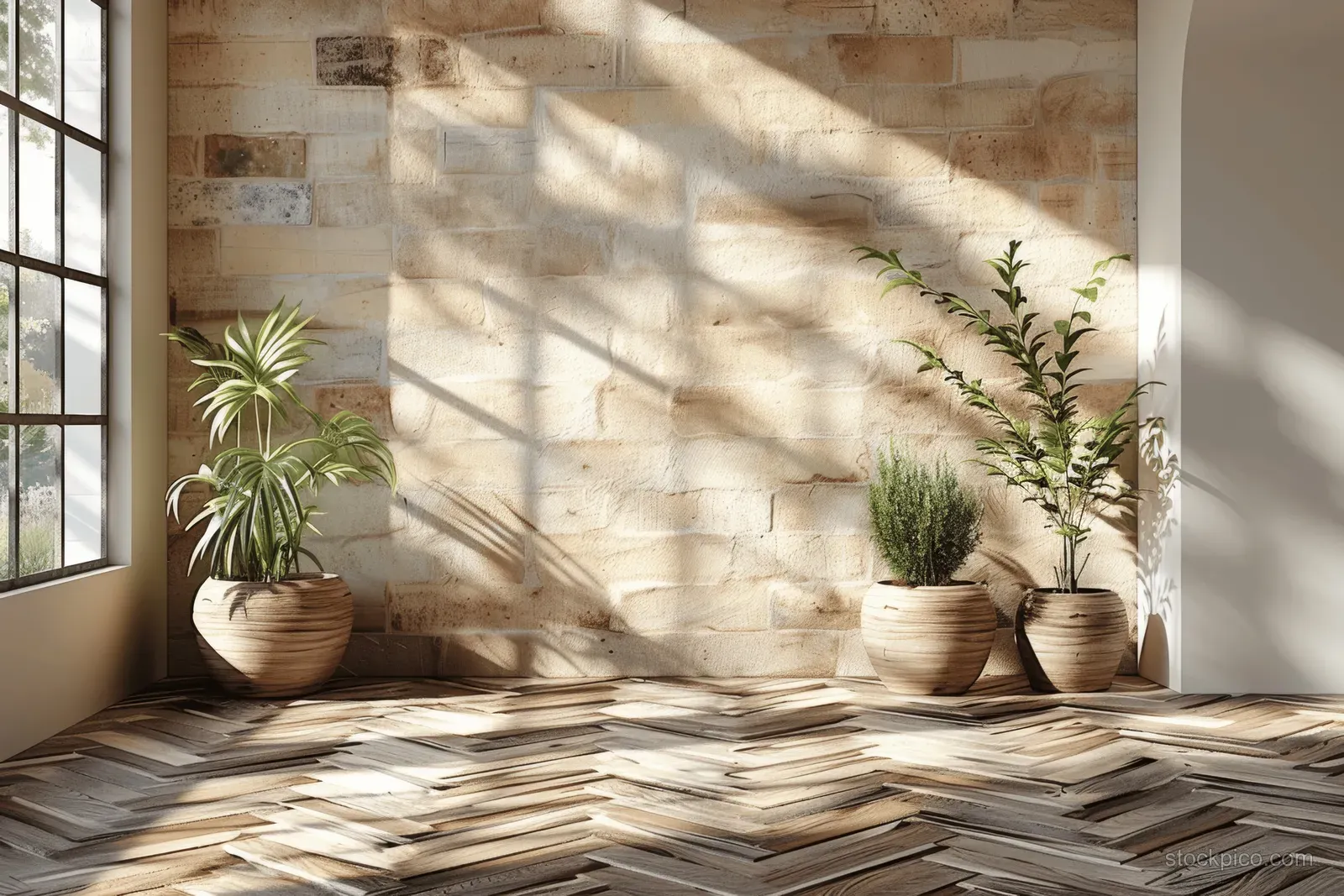 Sunlit dining corner with herringbone parquet floor and abstract shadow from a table across the wall.