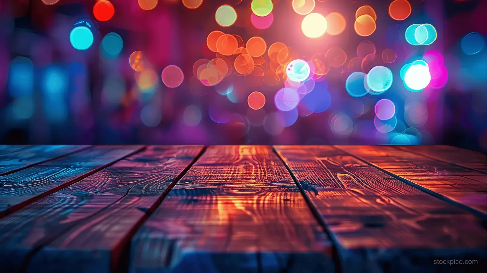 Wooden table top in the foreground with colorful blurred neon lights glowing in the dark background.