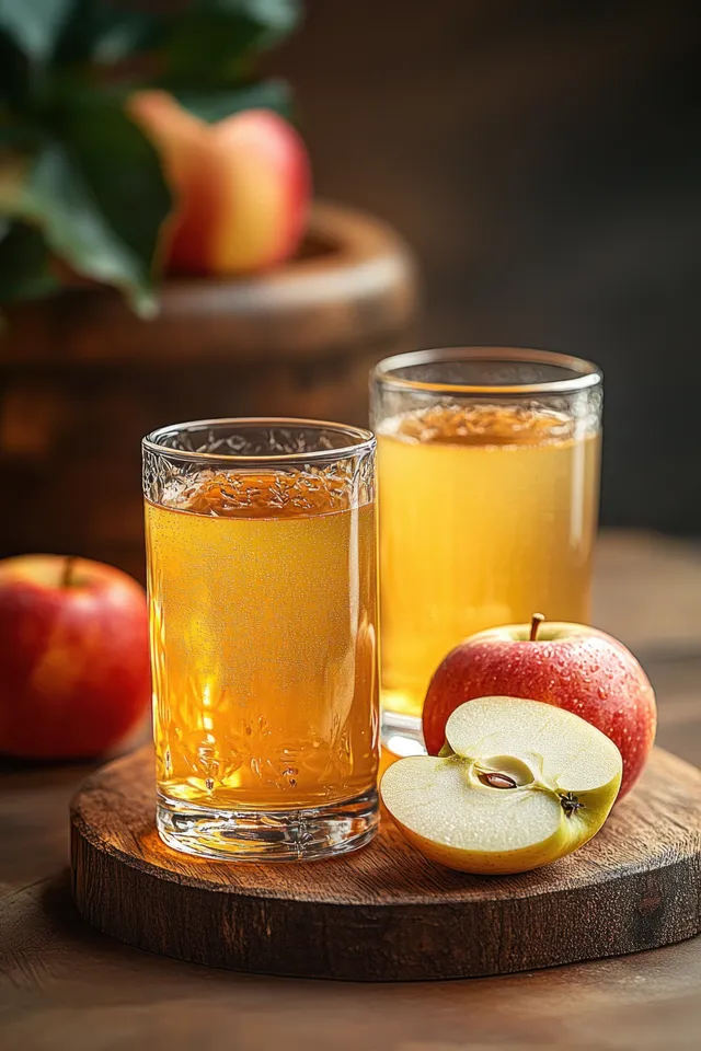 Two glasses of golden apple juice on a rustic wooden board with red apples