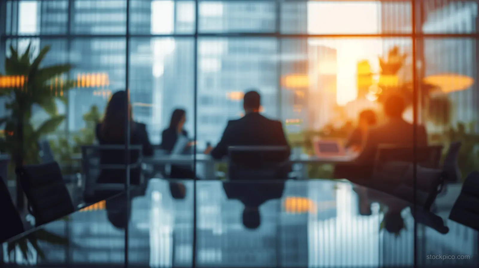 Blurred people meeting through glass panels in a modern office with warm sunlight flare and reflections.