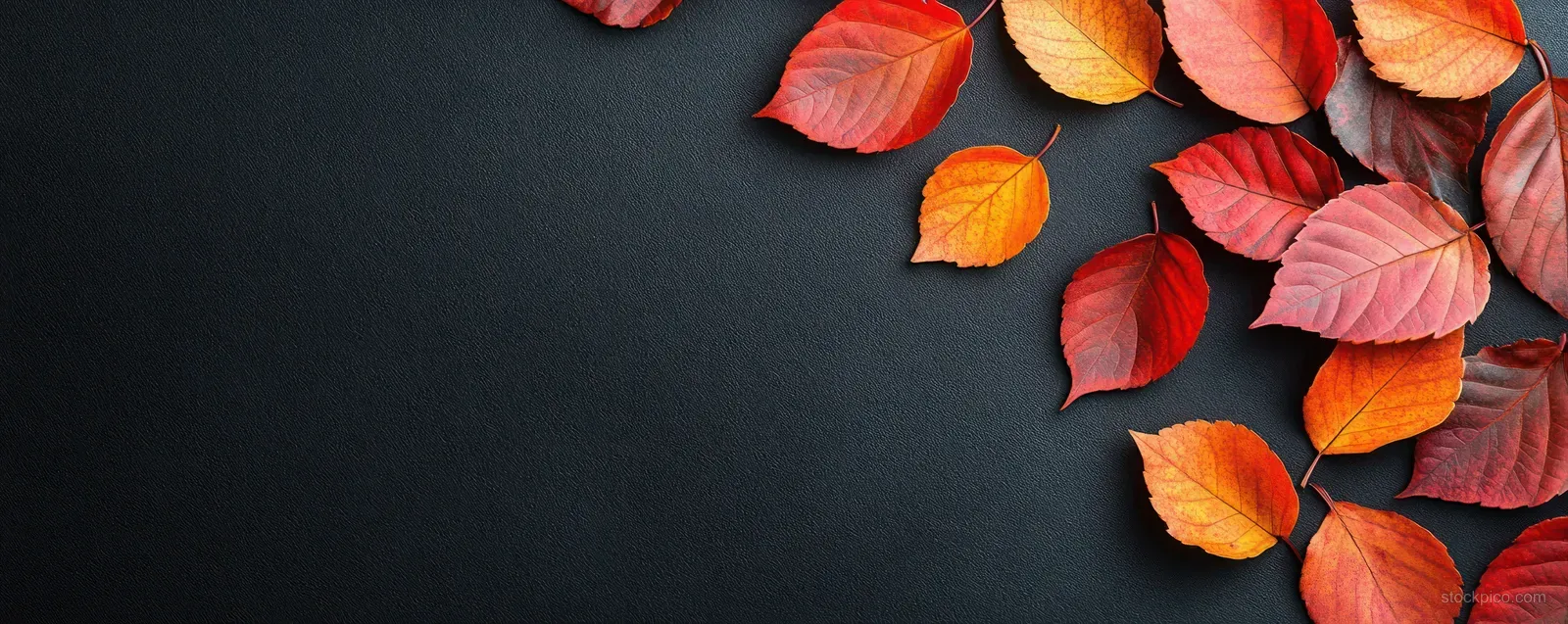 Red and orange maple leaves scattered in a flat lay on a matte black background.