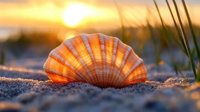 A seashell rests on sandy beach at sunset with golden backlight and blurred ocean background.