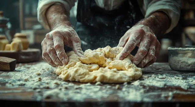 Flour-covered hands knead dough on a wooden counter in a rustic kitchen.