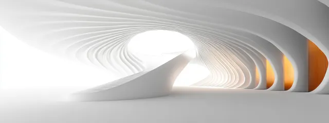 Minimalist white curved corridor shows repeating ceiling ribs with soft light and deep perspective.