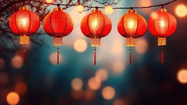 Red glowing lanterns hang from a branch with warm blurred bokeh lights in the background.