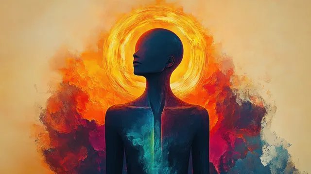 A meditating silhouette glows with a multicolor aura amid swirling orange, blue, and red smoke.