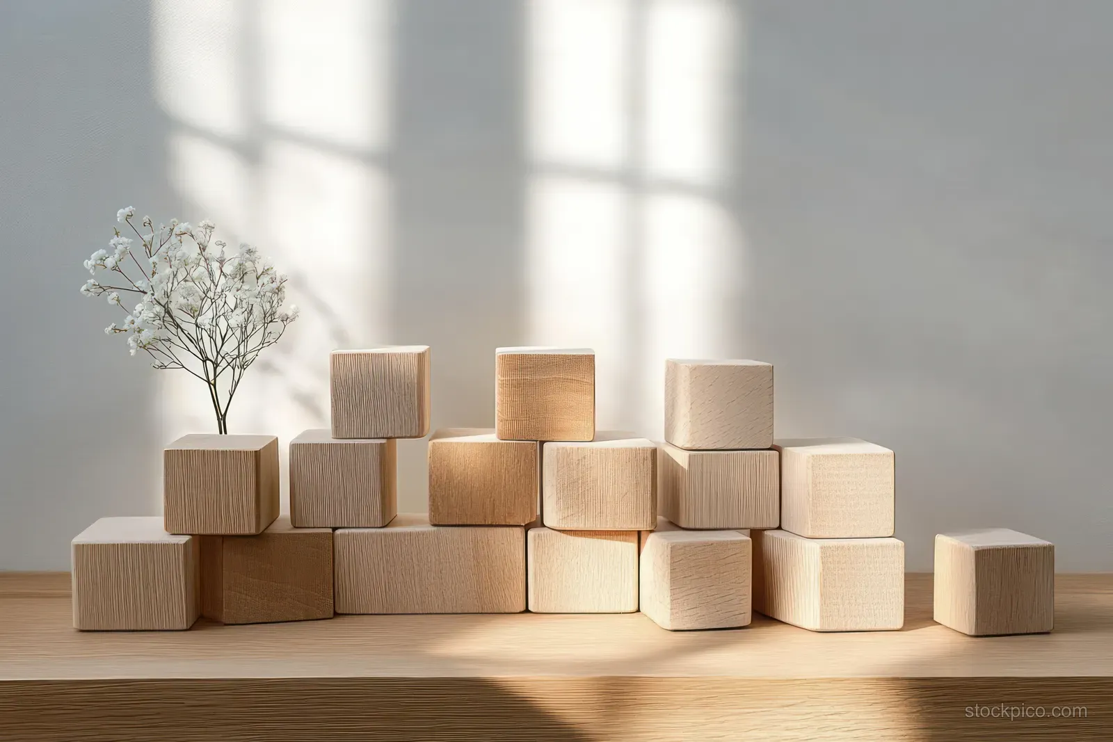 Wooden blocks stacked in a rising pattern on a desk with soft window light behind.