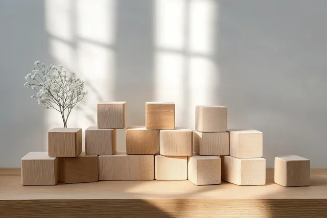 Wooden blocks stacked in a rising pattern on a desk with soft window light behind.