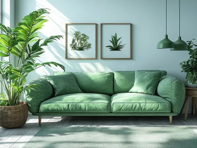 Light green sofa sits in a sunlit minimalist living room with framed botanical pictures and large potted plants.