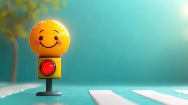 A cheerful traffic light character with colorful faces stands on a pastel pedestrian crossing background, promoting safety and playfulness.