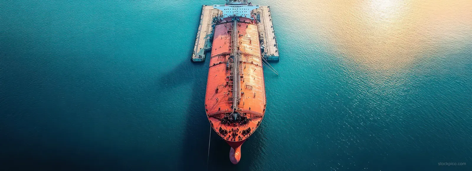 Orange cargo ship is moored at a pier with calm blue water around it under soft sunlight.