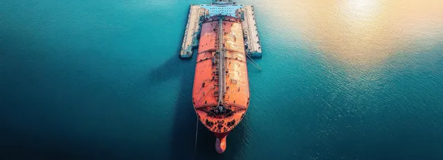 Orange cargo ship is moored at a pier with calm blue water around it under soft sunlight.