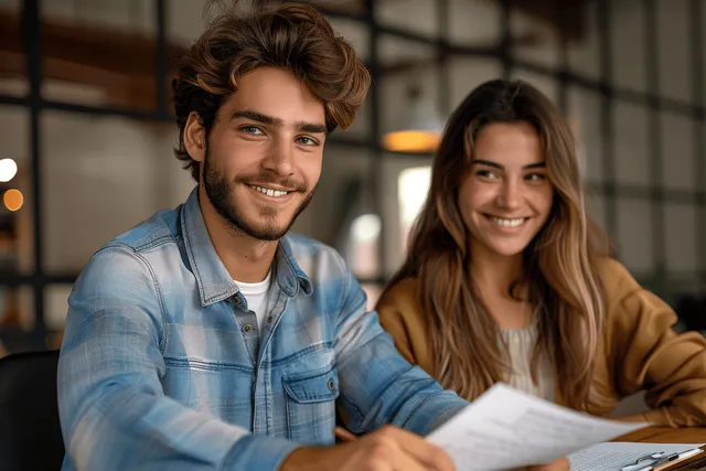 Smiling young couple reviewing papers together in a cozy office meeting