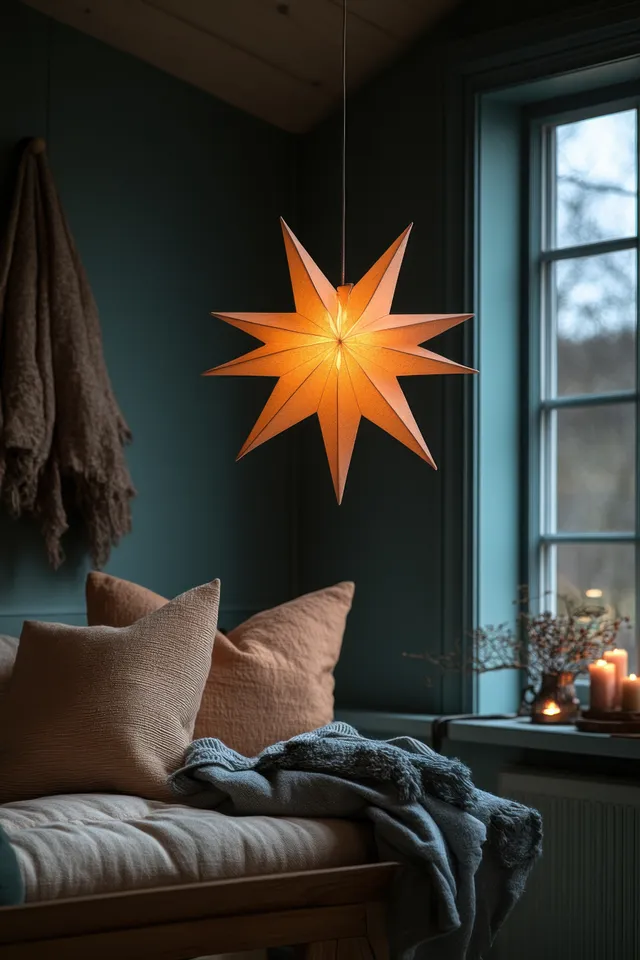 A minimalist Scandinavian living room with a glowing star lantern hanging near a window and small holiday decor.