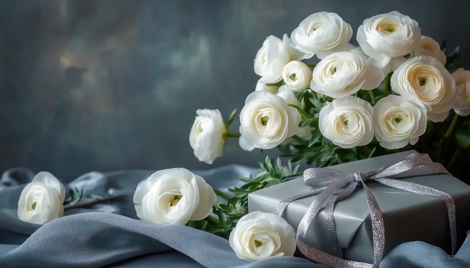 White ranunculus bouquet sits beside a silver gift box wrapped with a glitter ribbon on soft fabric.