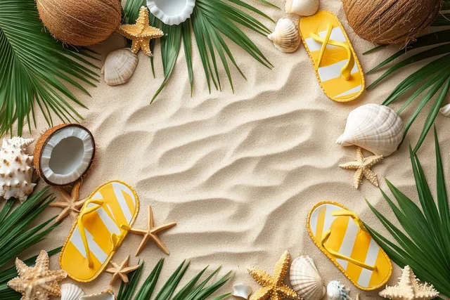 Tropical Beach Summer Background with Yellow Flip-Flops, Shells, and Palm Leaves