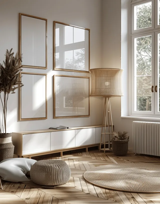 Blank wooden picture frames hang on a white wall beside sunlit windows in a Scandinavian living room.