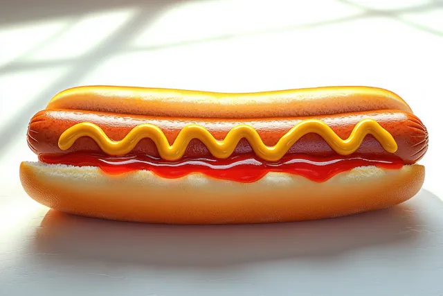 Hyper-real hot dog with red ketchup and yellow mustard, isolated on white background