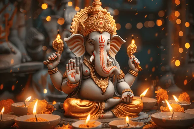 Ornate Lord Ganesha idol with multiple arms and elephant head surrounded by lit candles and marigold flowers.
