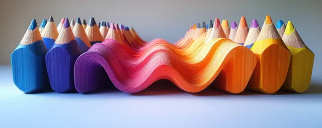 Rainbow gradient row of colored pencils on a white surface next to a flowing colored scribble.