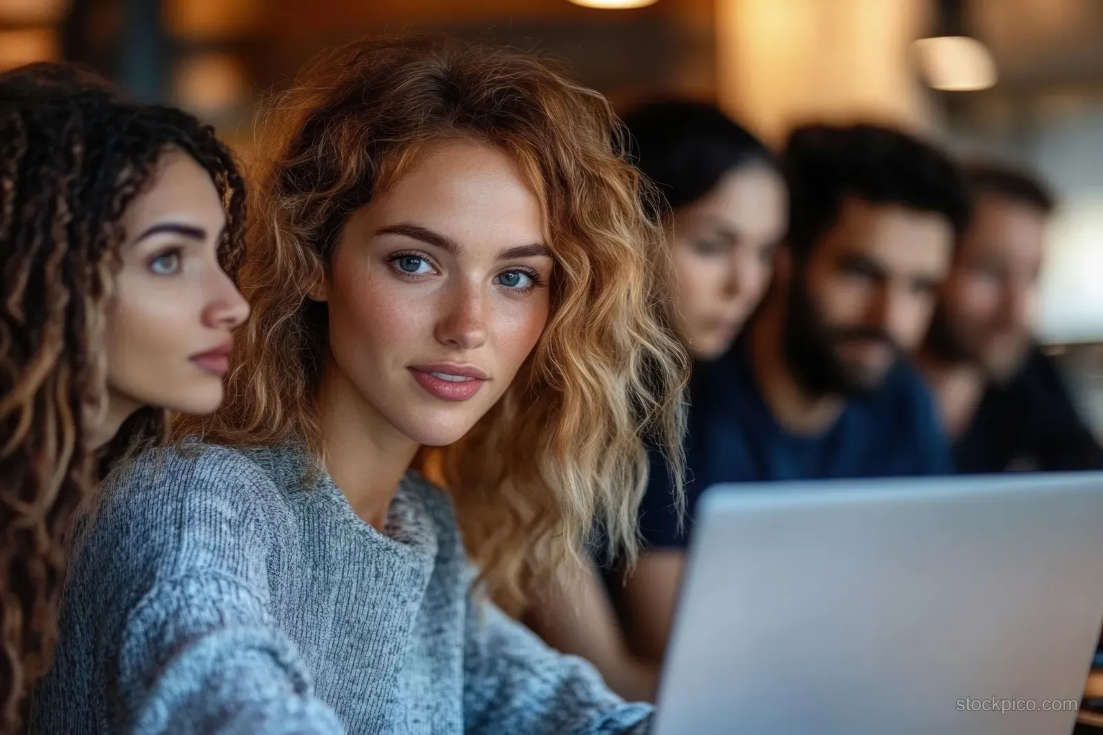 A diverse group of young adults sits at laptops in a cozy room with warm lighting, one curly-haired woman facing the camera.