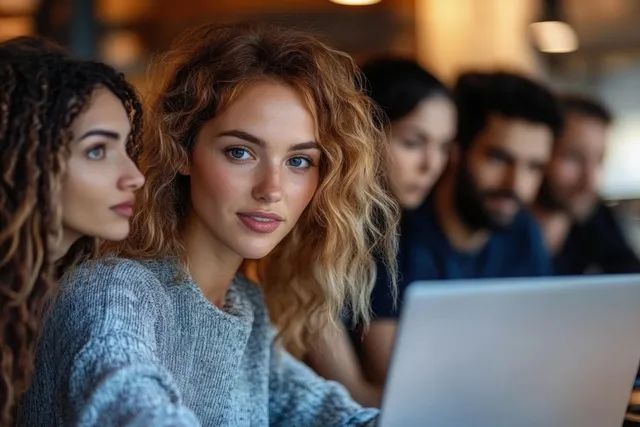 Group of young adults collaborating on laptops in a warm indoor workspace