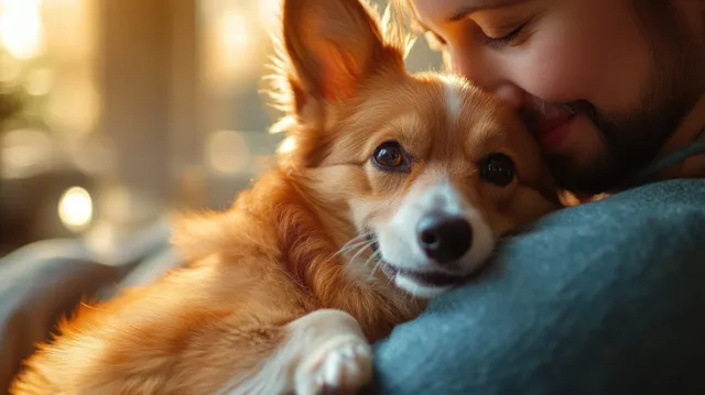 A veterinarian in blue scrubs hugs a Pembroke Welsh Corgi during a warm post-checkup moment in the clinic.