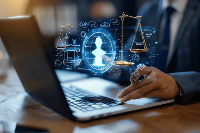 A businessman types on a laptop as floating justice icons and AI compliance symbols appear on the screen.