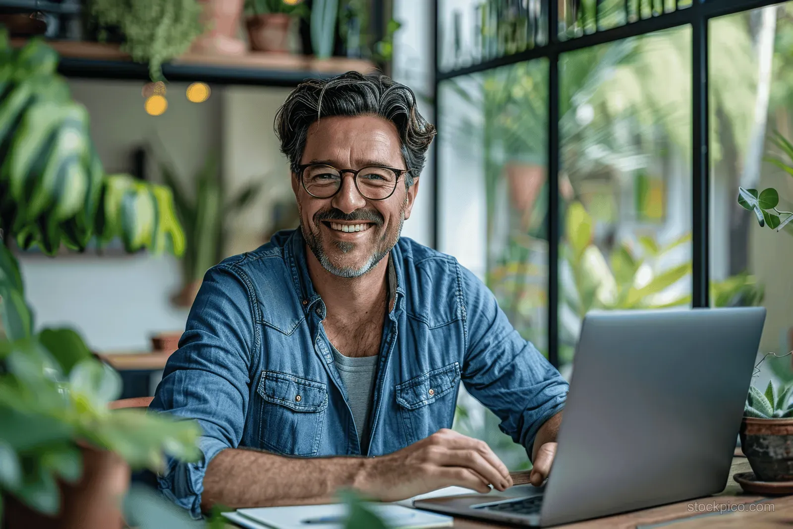Smiling businessman with glasses types on a laptop at a desk in a sunlit home office with window plants.