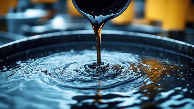 Thick black liquid pours from a pipe into a container, creating ripples with glossy reflections.