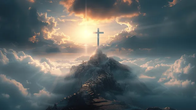 A glowing cross atop a rocky island rises through storm clouds with sunbeams breaking through.
