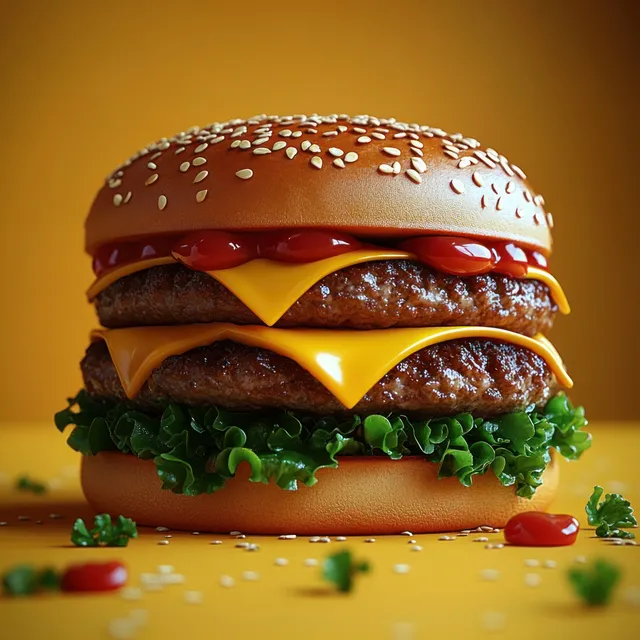 Double cheeseburger close-up with sesame bun, melted cheddar, lettuce, and ketchup on a yellow background.