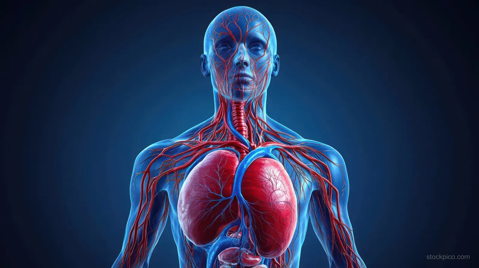 Transparent torso medical illustration with a glowing heart, lungs, red arteries, and blue veins on a dark background.