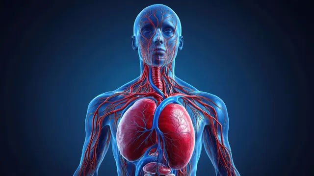 Transparent upper body medical illustration showing heart, lungs, arteries, and veins on dark background