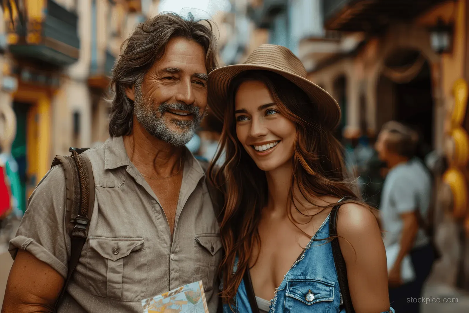 An older couple smiles and dances in a Barcelona alley while holding travel maps amid pedestrians.