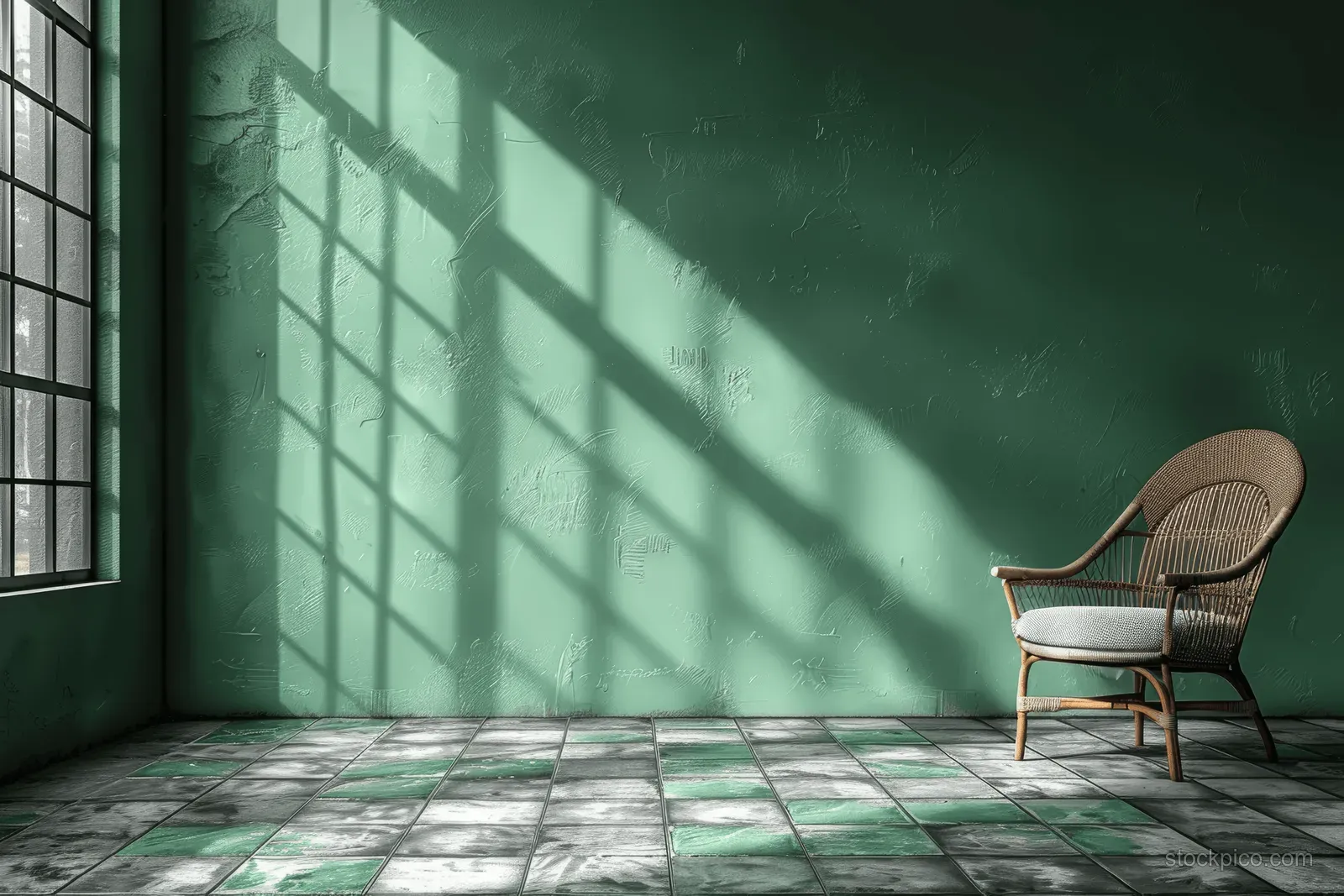 Wicker chair stands in a minimalist room with a green wall and sunlight shadows across the tiled floor.