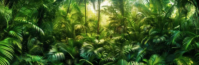 Tropical jungle canopy of palm fronds and ferns under bright sun, wide panoramic foliage