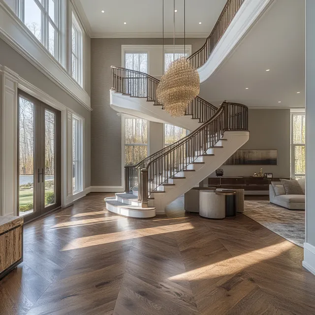 Spacious living room with curved staircase, wooden herringbone floor, large windows, and a hanging chandelier casting warm sunlight.