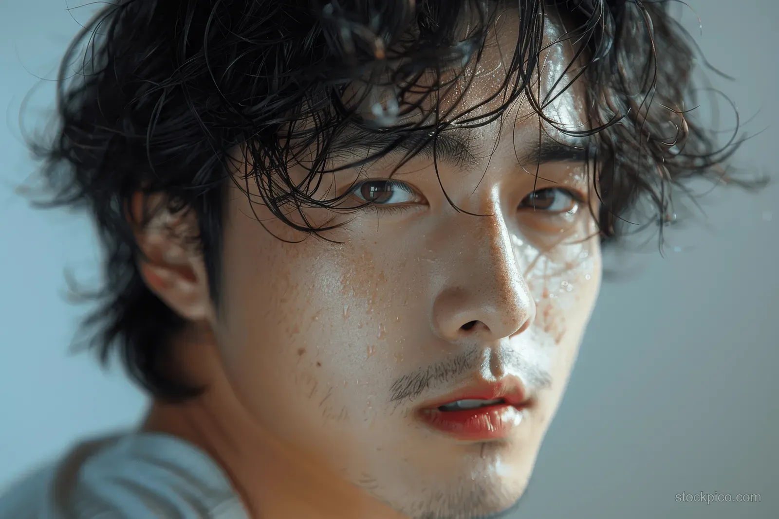A young man with messy dark hair and freckled skin looks toward the camera in soft daylight.
