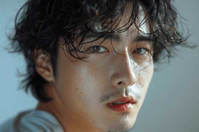 Young man with messy dark hair in white shirt, close-up daylight portrait