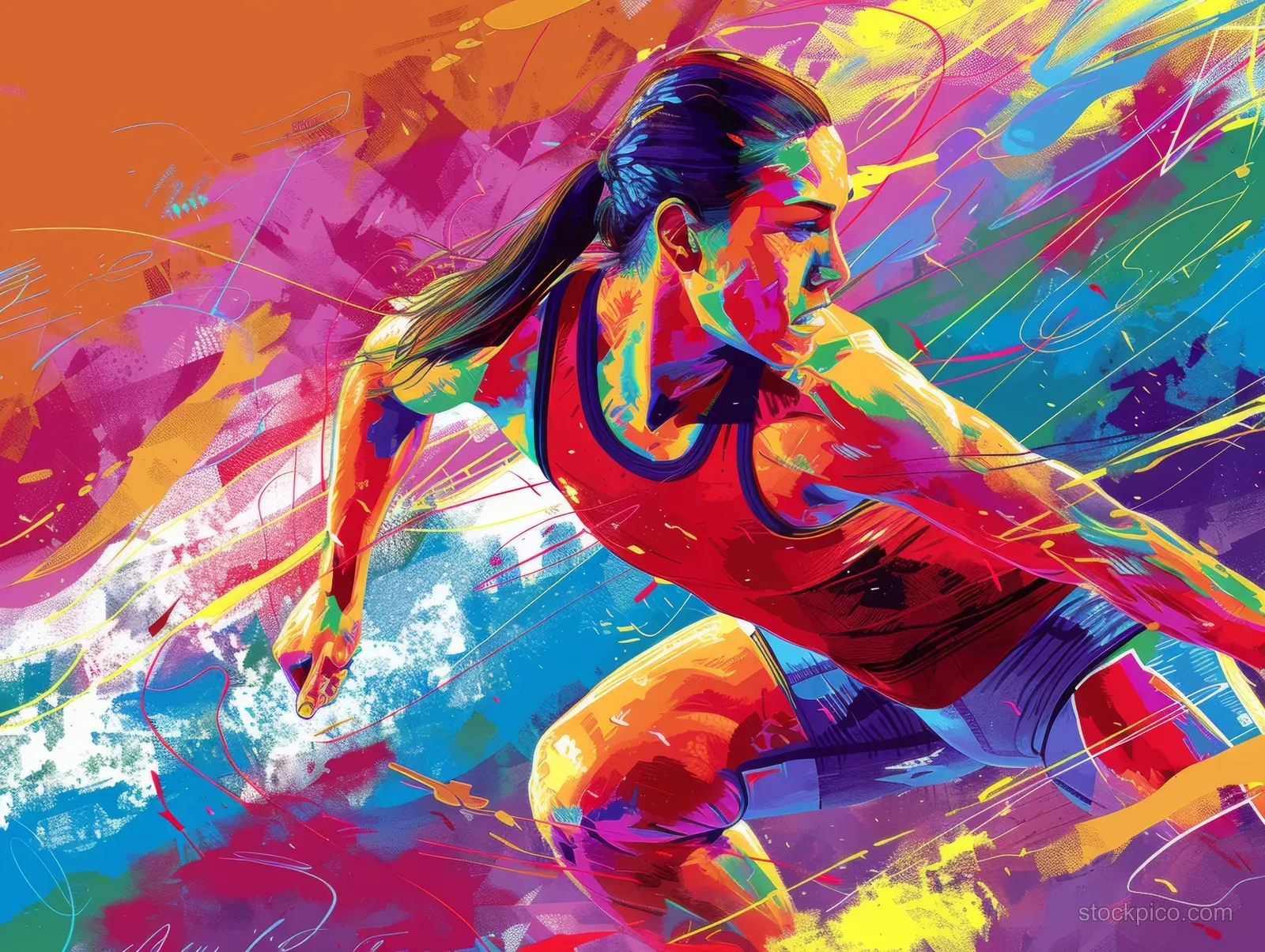 A female freestyle wrestler performs a takedown as colorful motion splashes and streaks surround her.