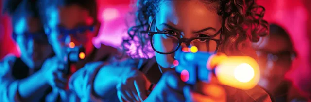 Children with laser tag blasters play in a neon arena as infrared beams glow in colorful lighting.