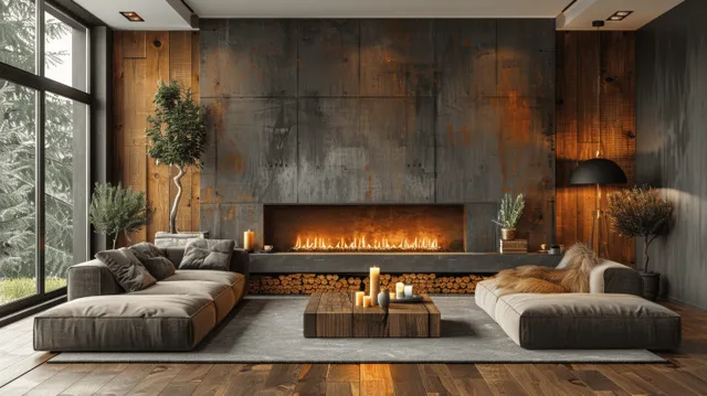 A cozy living room features a lit fireplace, wooden wall panels, two sofas, and warm lamps beside large windows.