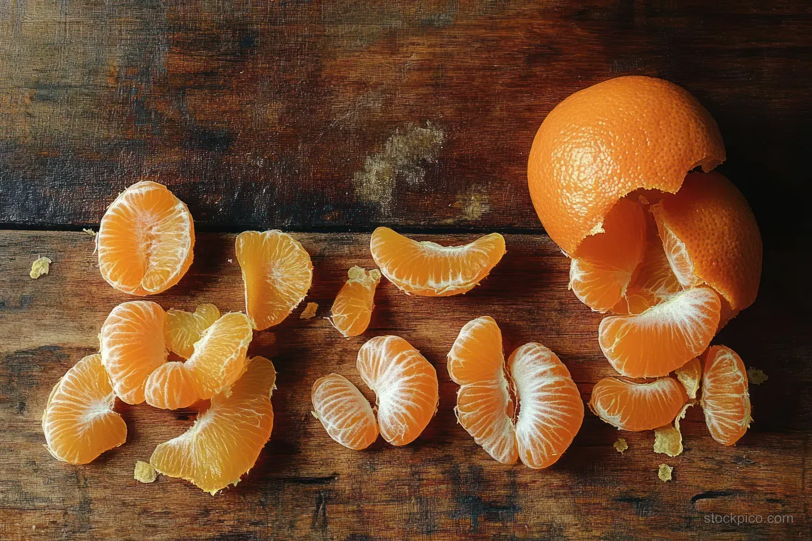 Orange segments and broken peel pieces scattered on a rustic wooden table in warm light.