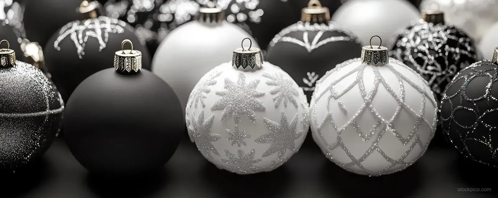 Black and white Christmas ornaments with glitter snowflake accents arranged along a dark background.
