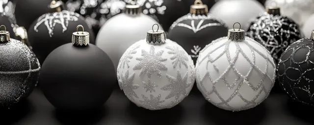 Black and white Christmas ornaments with glitter snowflake accents arranged along a dark background.